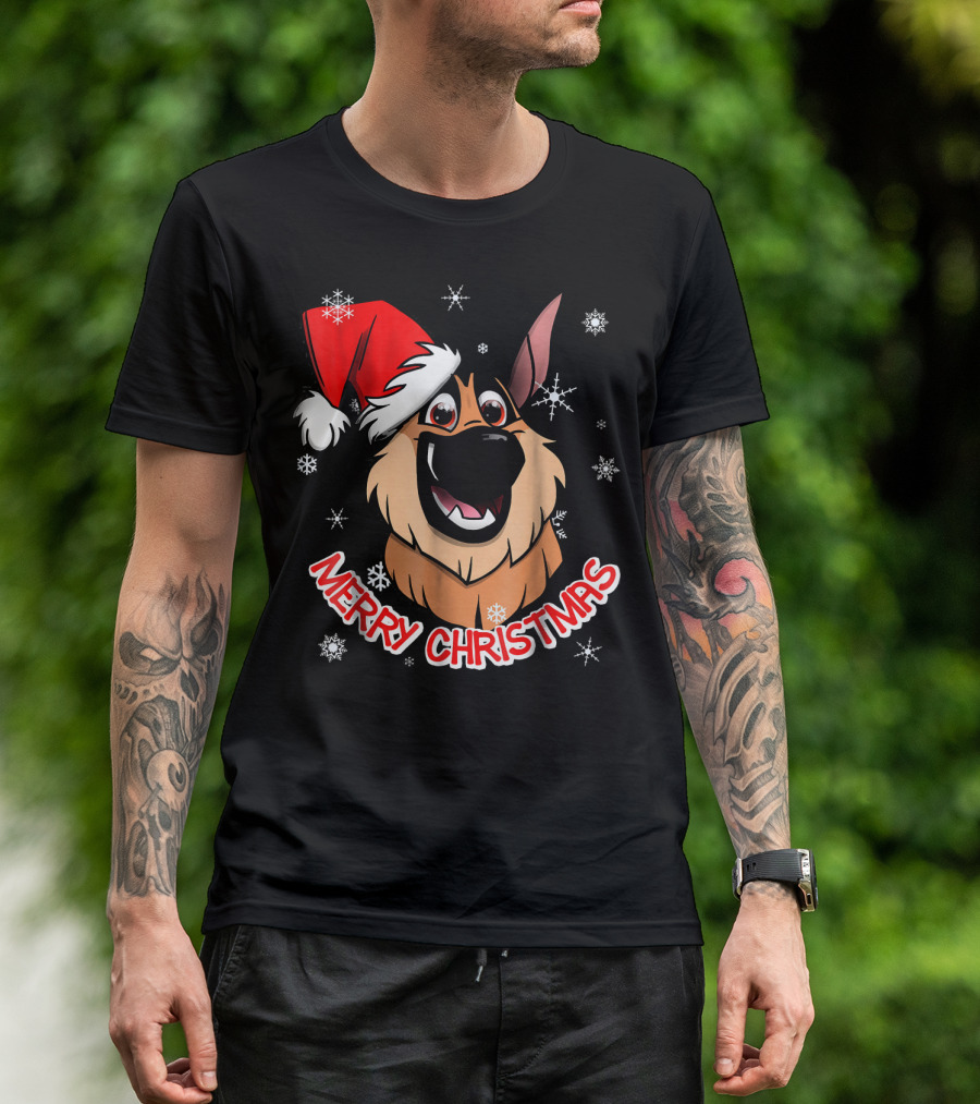 Merry Christmas GSD Smiling Santa Hat Snowflakes T-Shirt