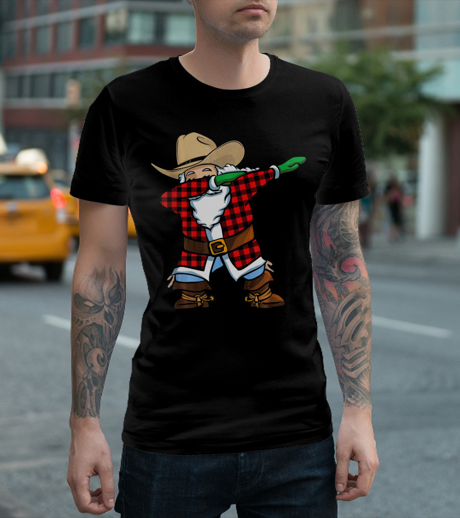 Santa Cowboy Christmas Dabbing Plaid T-Shirt