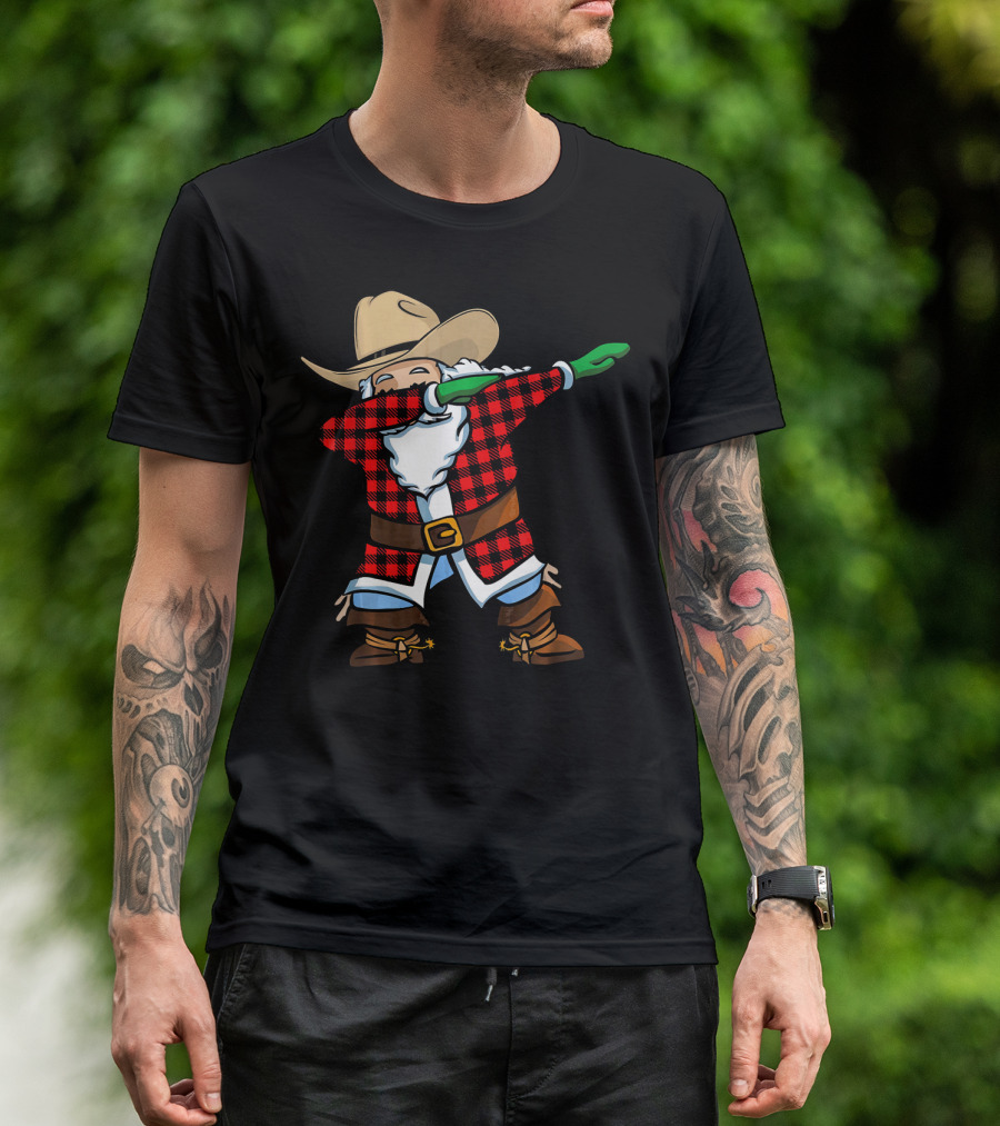 Santa Cowboy Christmas Dabbing Plaid T-Shirt