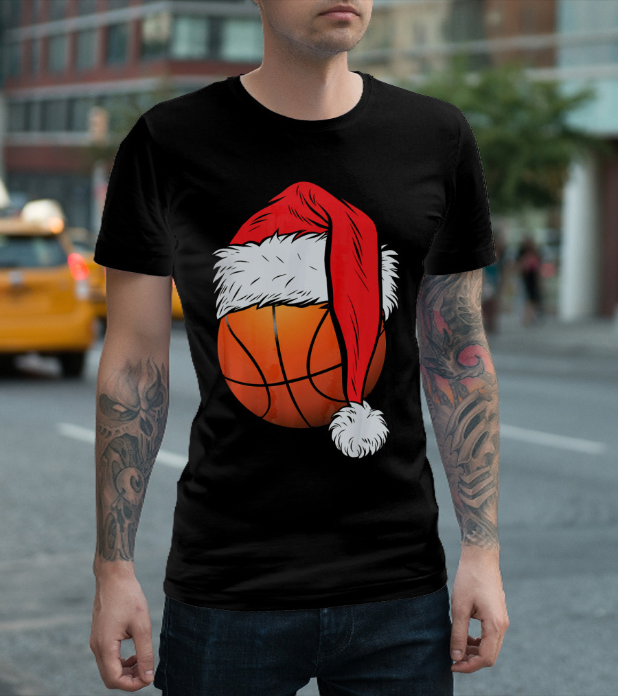 Christmas Santa Hat on Basketball Ball T-Shirt