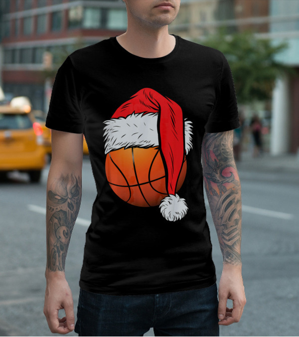 Christmas Santa Hat On Basketball Ball T-Shirt