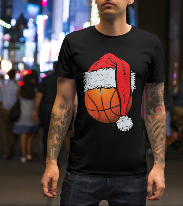 Christmas Santa Hat On Basketball Ball T-Shirt