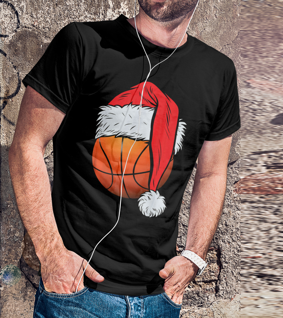 Christmas Santa Hat On Basketball Ball T-Shirt