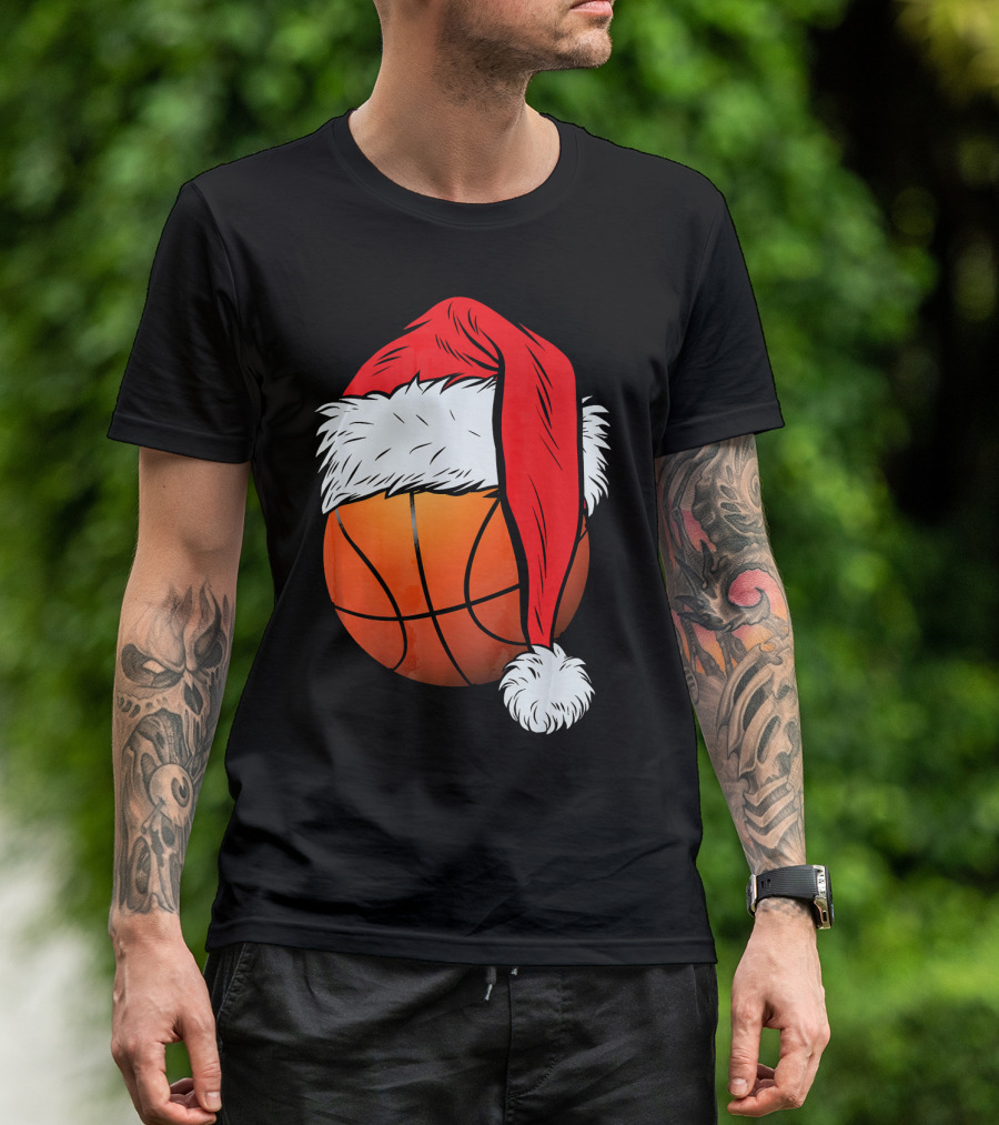 Christmas Santa Hat On Basketball Ball T-Shirt