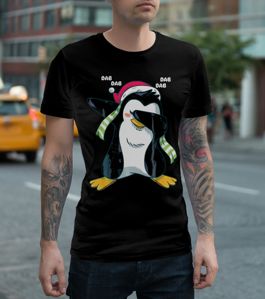 Dab Dab Dab Christmas Penguin Santa Hat And Scarf T-Shirt