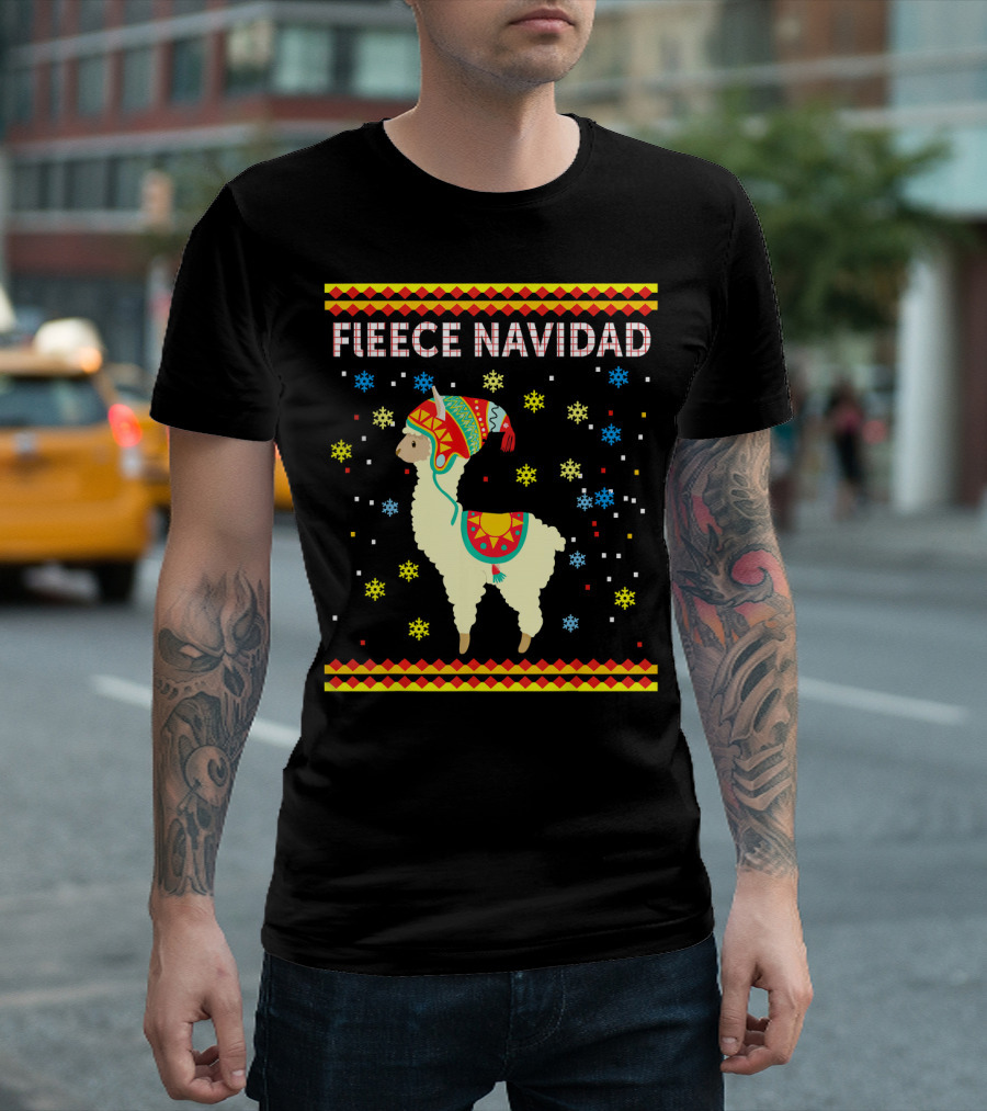 Fleece Navidad Cute Funny Llama with Colorful Winter Hat and Snowflakes T-Shirt