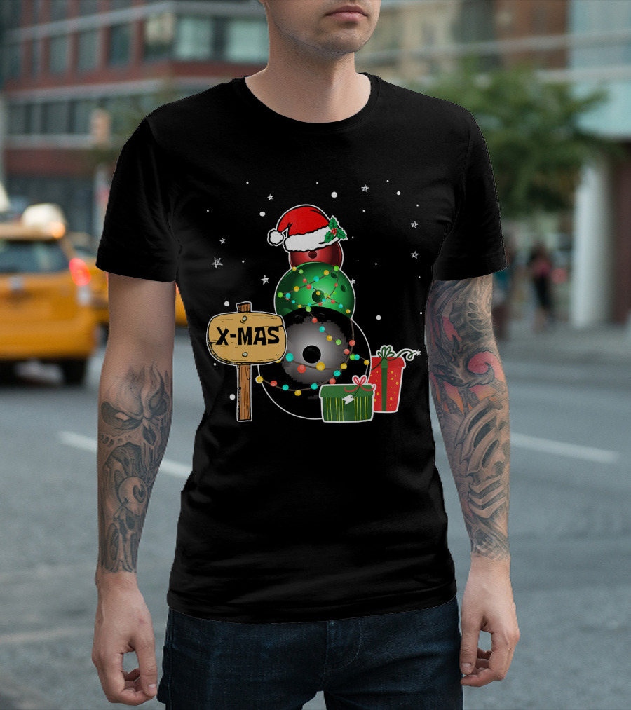 Bowling Snowman Xmas Presents With Santa Hat And Lights T-Shirt