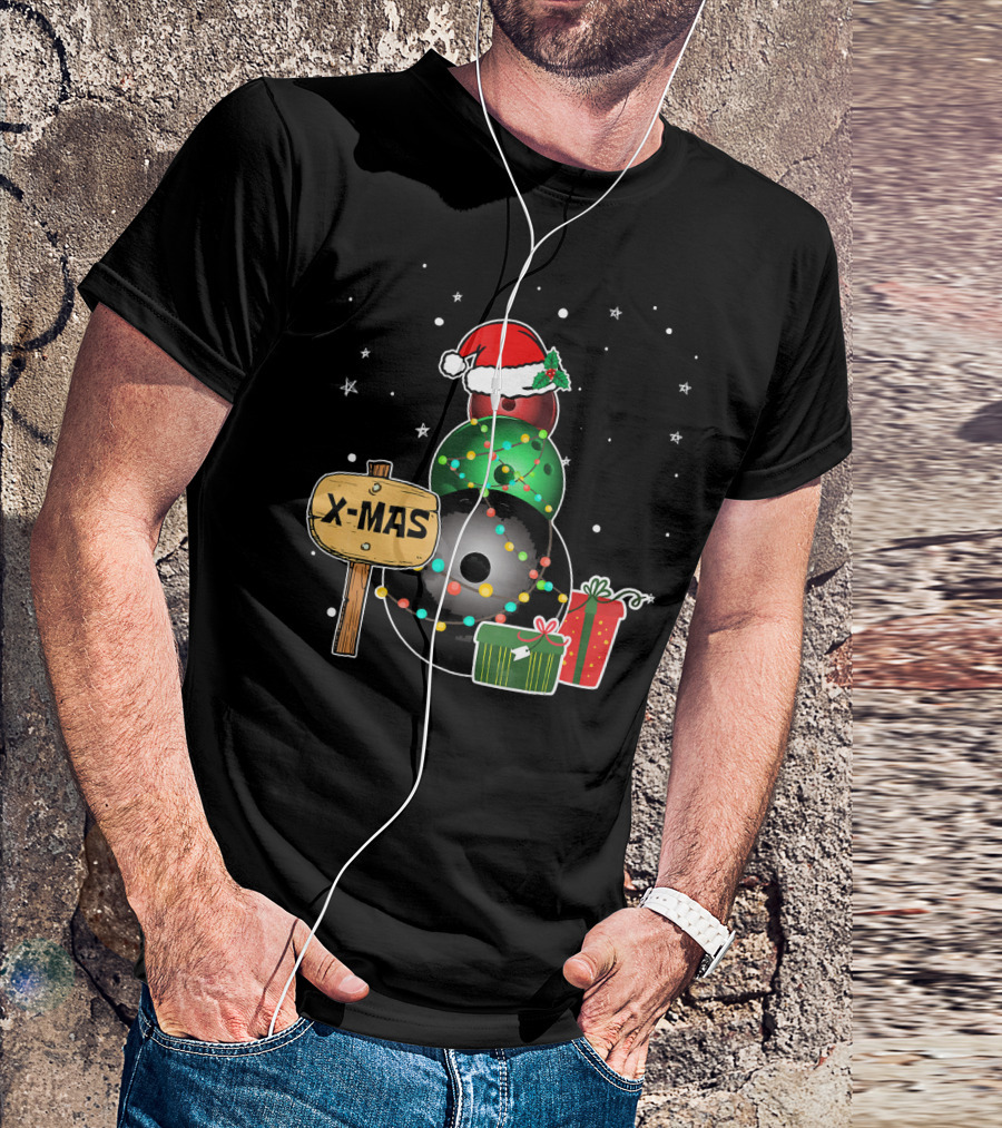 Bowling Snowman Xmas Presents With Santa Hat And Lights T-Shirt