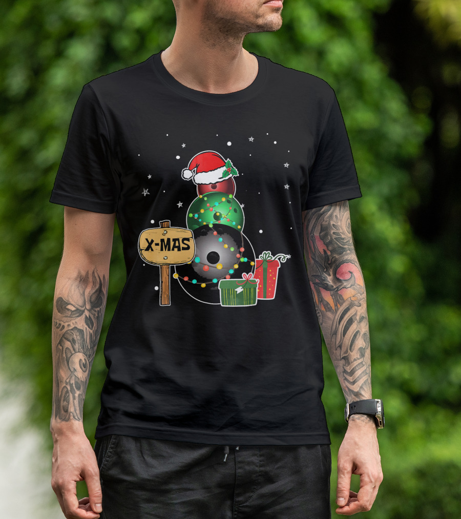 Bowling Snowman Xmas Presents With Santa Hat And Lights T-Shirt
