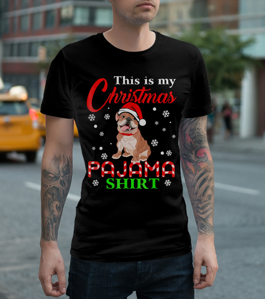 This Is My Christmas Pajama Shirt Dog Santa Hat Snowflakes T-Shirt