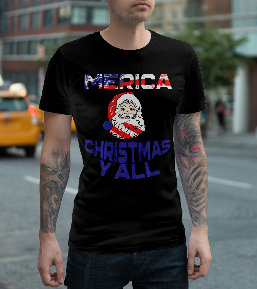 Merica Christmas Yall Santa Patriotic American Flag Colors T-Shirt
