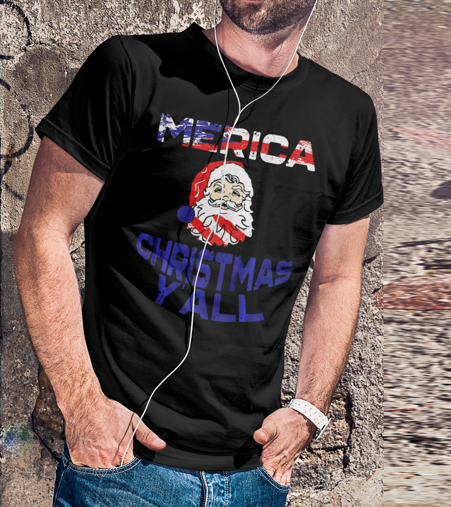 Merica Christmas Yall Santa Patriotic American Flag Colors T-Shirt