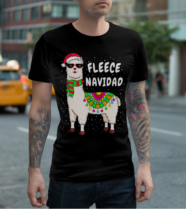 Fleece Navidad Christmas Llama Santa Hat Holiday T-Shirt