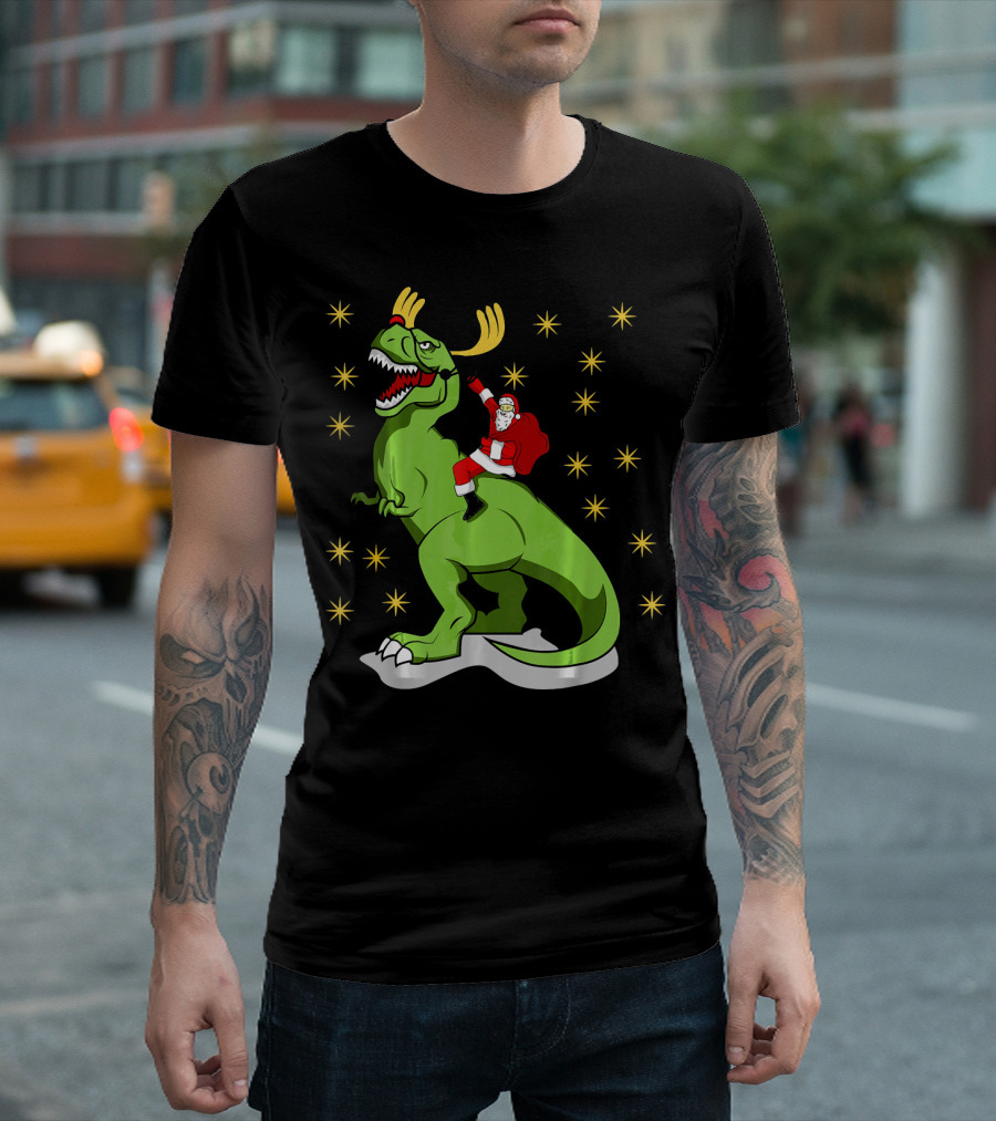 Santa Claus Riding Dinosaur With Reindeer Antlers And Stars T-Shirt