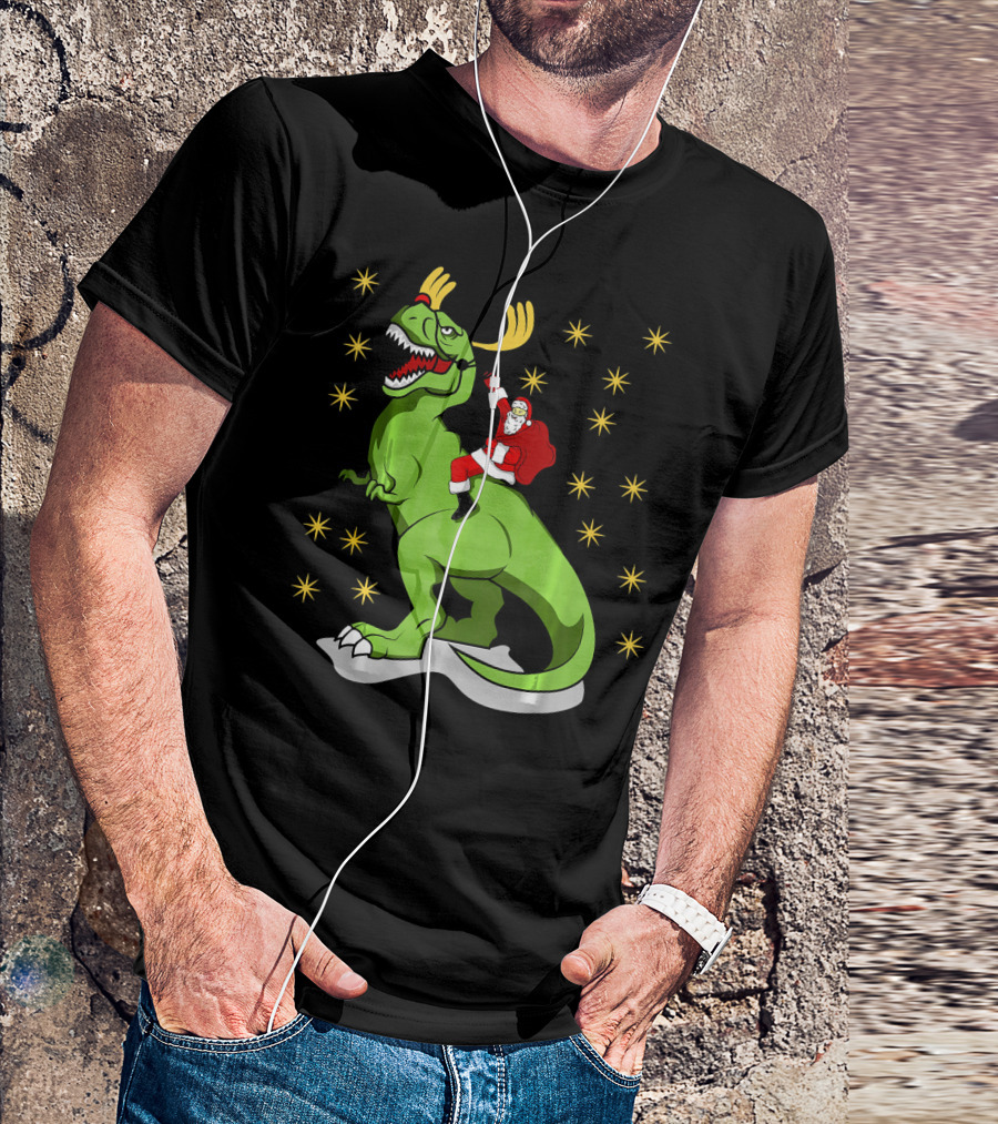 Santa Claus Riding Dinosaur With Reindeer Antlers And Stars T-Shirt