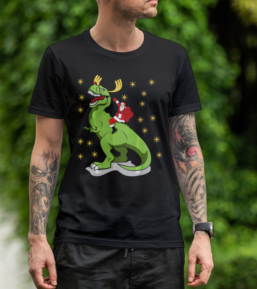 Santa Claus Riding Dinosaur With Reindeer Antlers And Stars T-Shirt