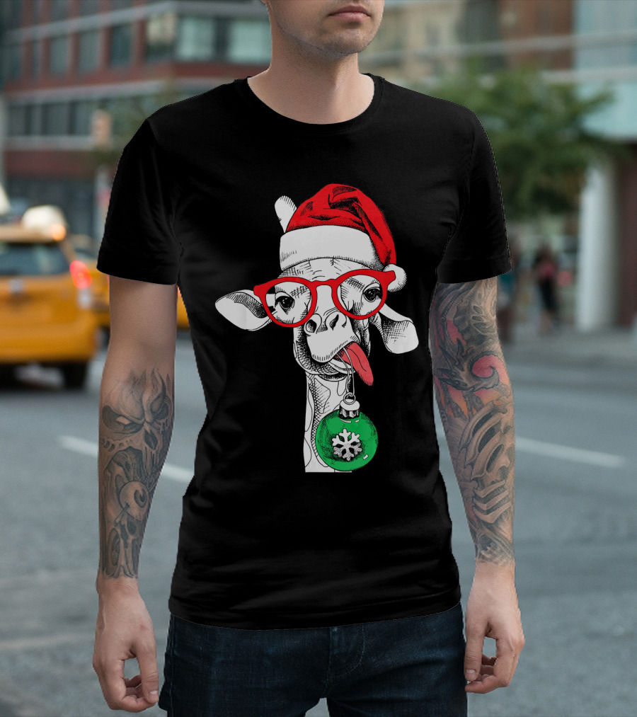 Santa Hat Giraffe Red Glasses Christmas T-Shirt