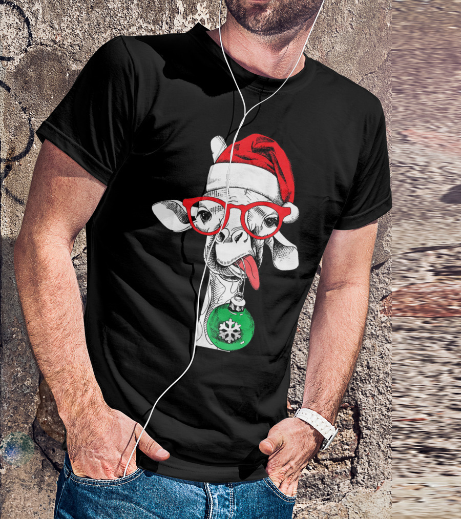 Santa Hat Giraffe Red Glasses Christmas T-Shirt