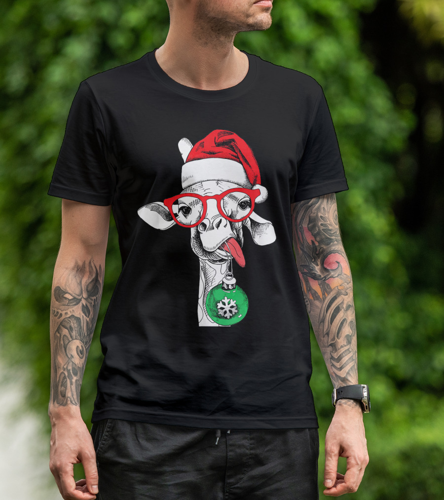 Santa Hat Giraffe Red Glasses Christmas T-Shirt