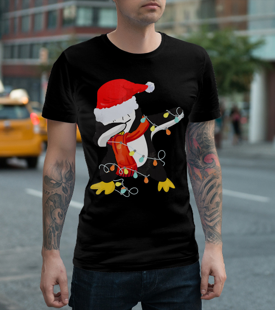 Dabbing Penguin Santa Christmas Lights T-Shirt