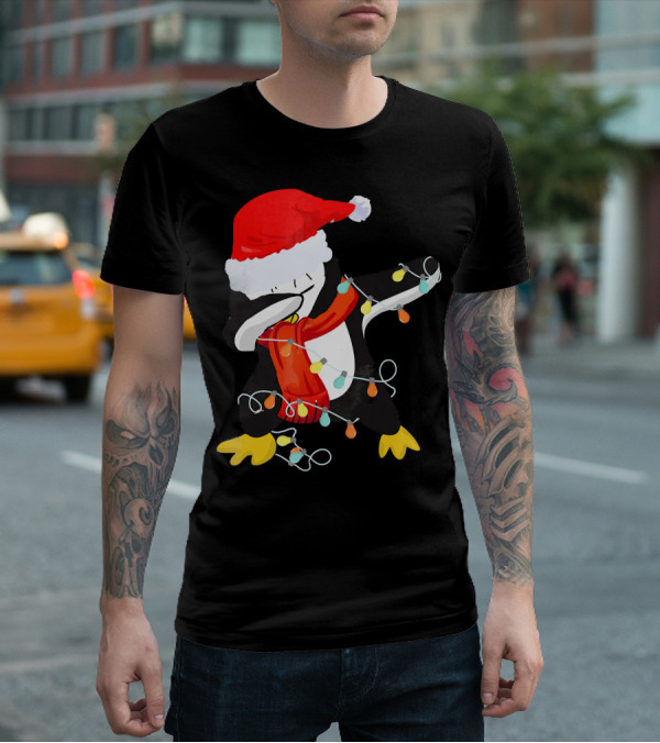 Dabbing Penguin Santa Christmas Lights T-Shirt