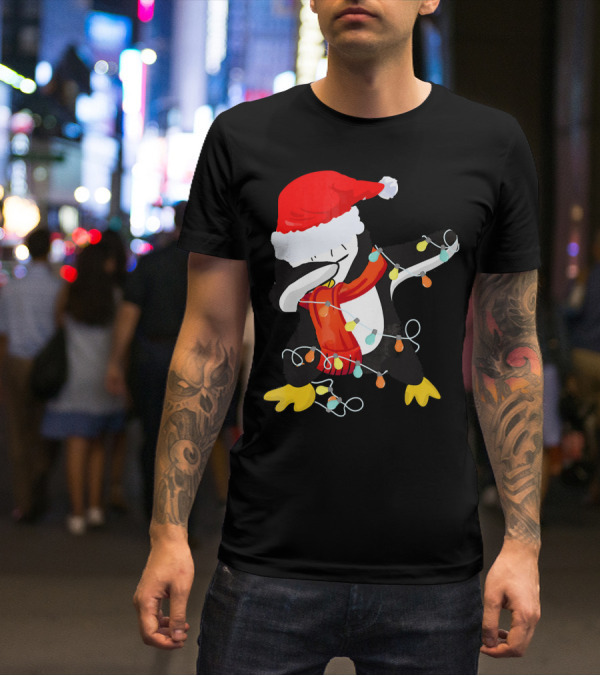 Dabbing Penguin Santa Christmas Lights T-Shirt