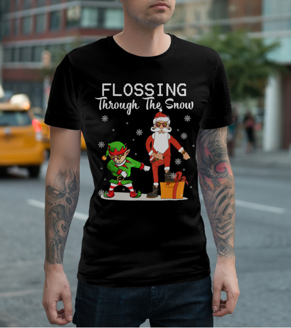 Flossing Through The Snow Santa And Elf Dancing With Gifts And Snowflakes T-Shirt