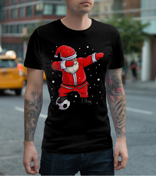 Santa Claus Dabbing On Soccer Ball Snowflakes Holiday T-Shirt