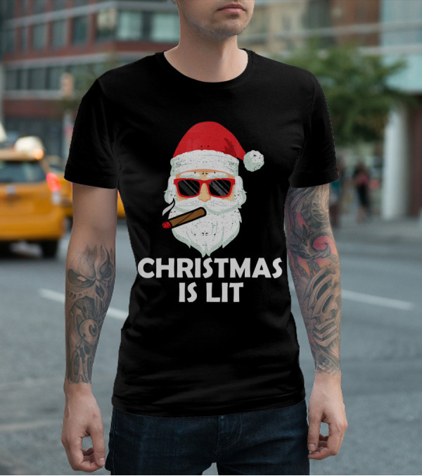 Christmas Is Lit Santa With Sunglasses And Cigar T-Shirt