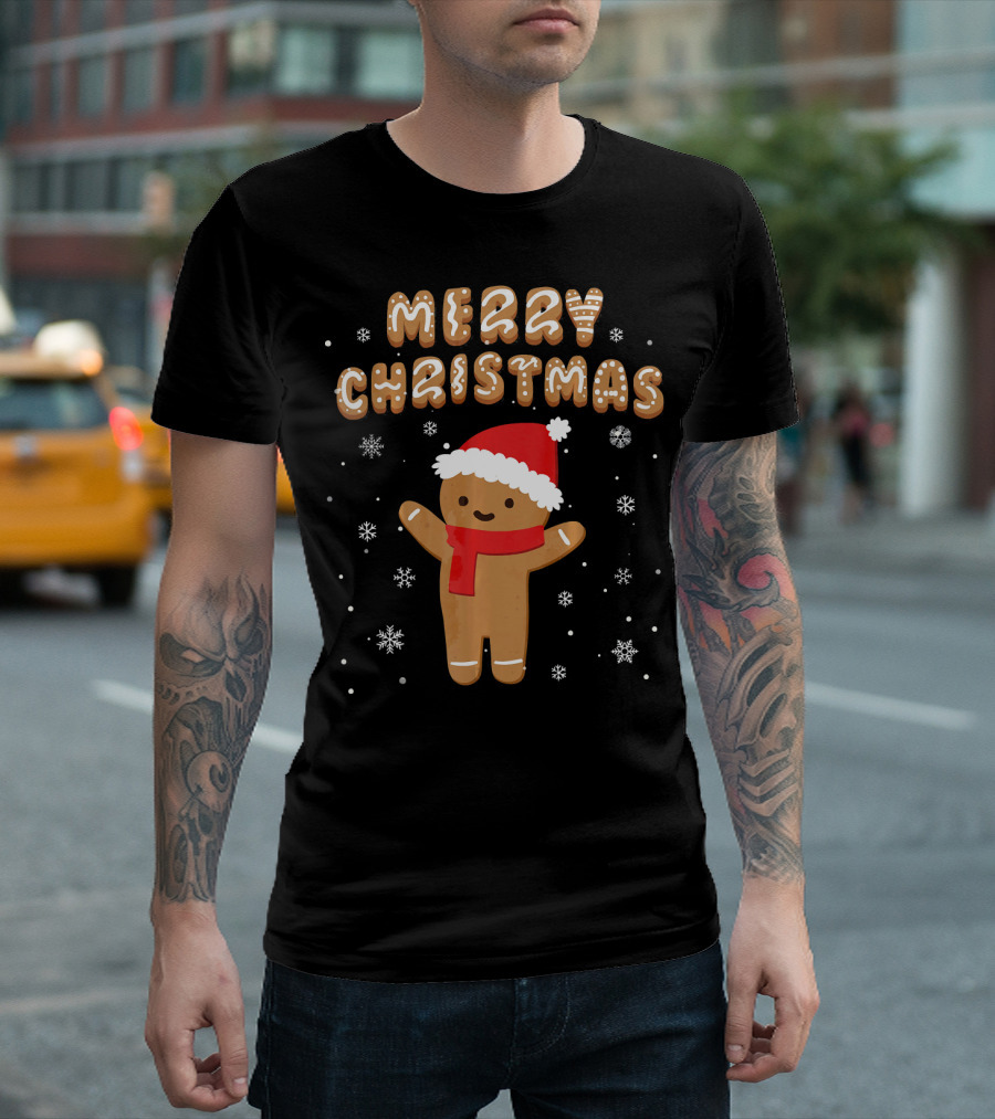 Merry Christmas Gingerbread Santa Hat Snowflakes T-Shirt