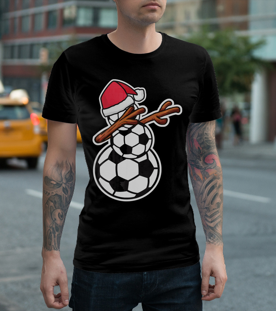 Dabbing Soccer Snowman with Santa Hat T-Shirt