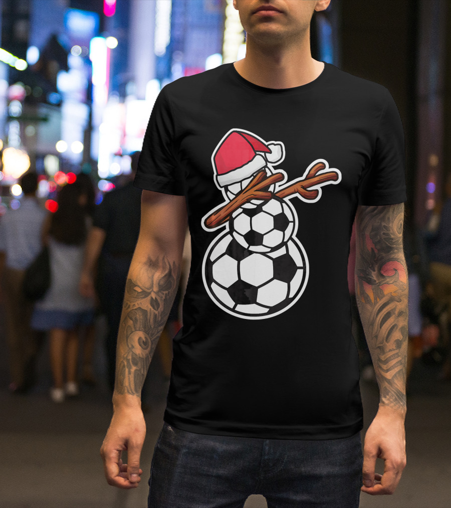 Dabbing Soccer Snowman With Santa Hat T-Shirt