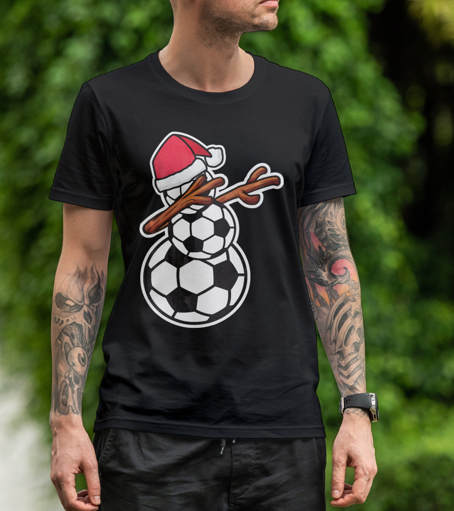 Dabbing Soccer Snowman With Santa Hat T-Shirt