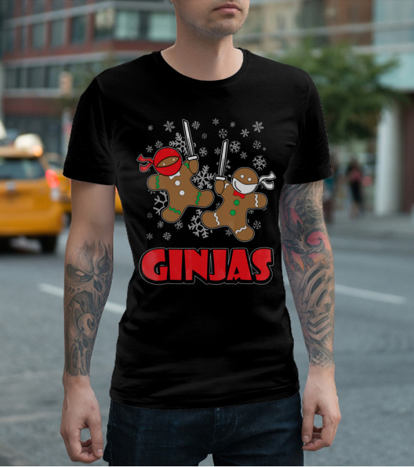 Gingerbread Man Ninjas Christmas In July Snowflakes T-Shirt