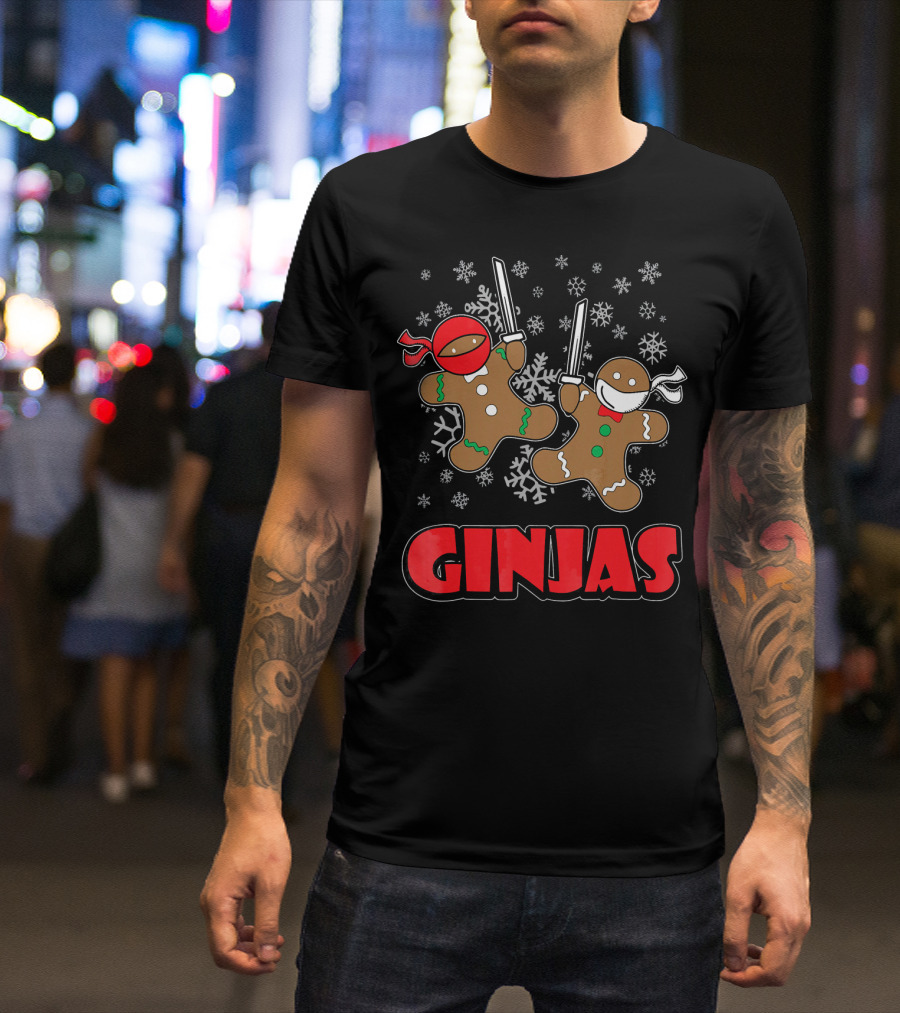 Gingerbread Man Ninjas Christmas In July Snowflakes T-Shirt