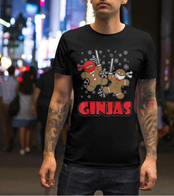 Gingerbread Man Ninjas Christmas In July Snowflakes T-Shirt