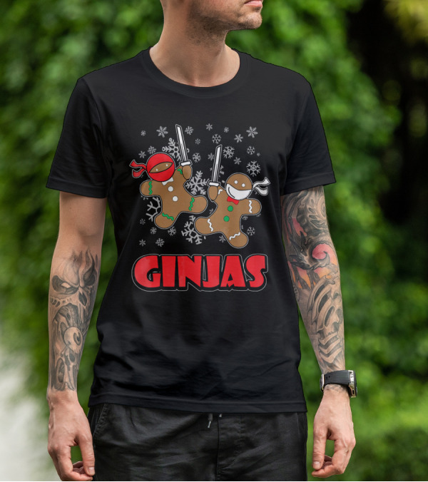 Gingerbread Man Ninjas Christmas In July Snowflakes T-Shirt