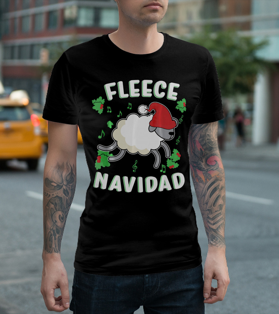 Fleece Navidad Lamb Christmas Xmas Santa Hat Music Notes Hollys T-Shirt