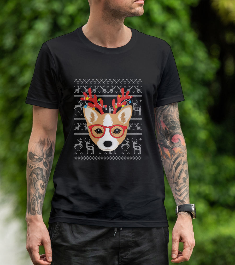 Corgi Puppy Dog With Xmas Antlers And Glasses Holiday T-Shirt
