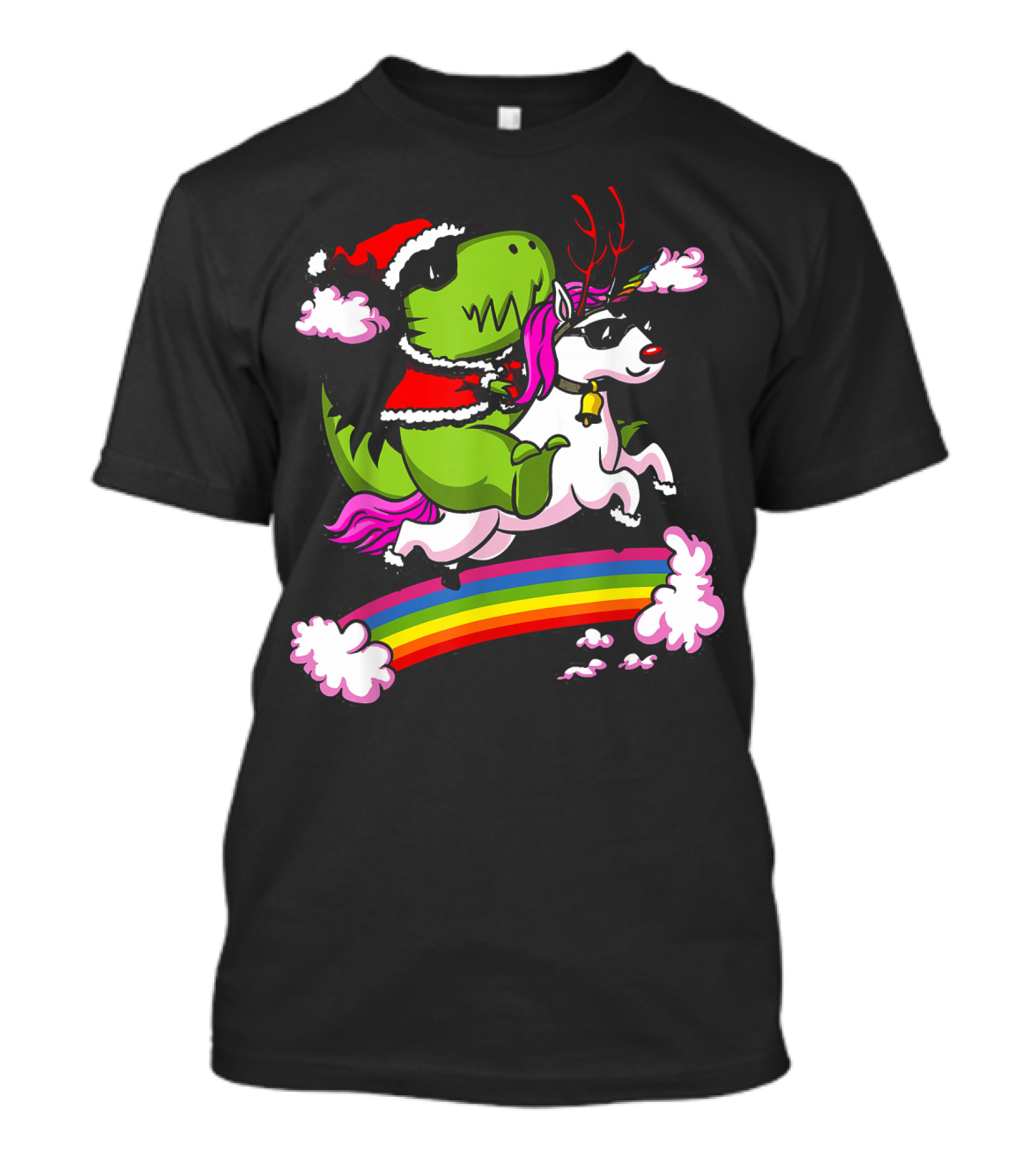 T Rex Dinosaur Santa Riding Unicorn Rainbow Cloud Adventure T-Shirt
