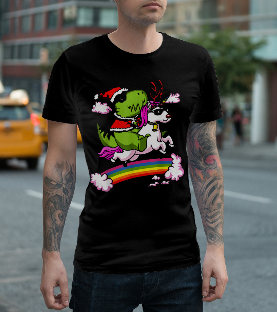 T Rex Dinosaur Santa Riding Unicorn Rainbow Cloud Adventure T-Shirt