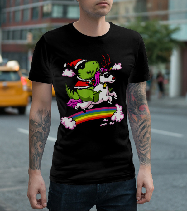 T Rex Dinosaur Santa Riding Unicorn Rainbow Cloud Adventure T-Shirt