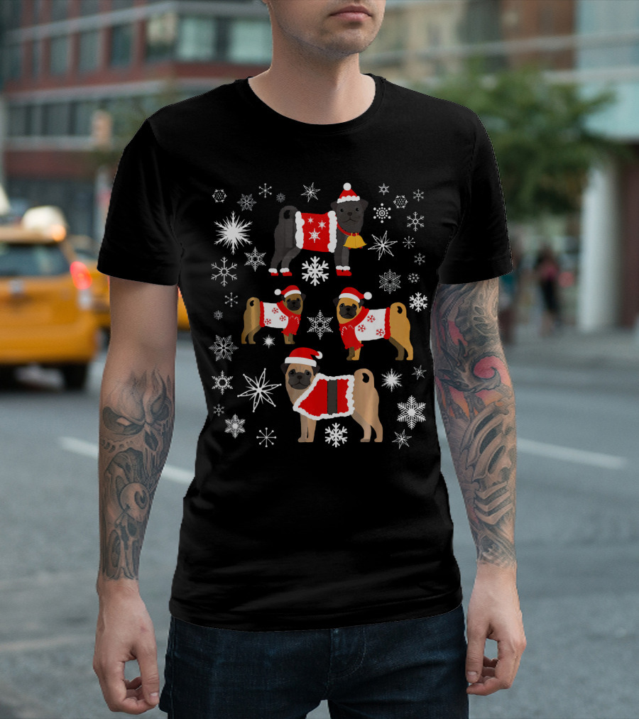 Pug Christmas Snowflakes Sweaters Santa Hats Holiday T-Shirt
