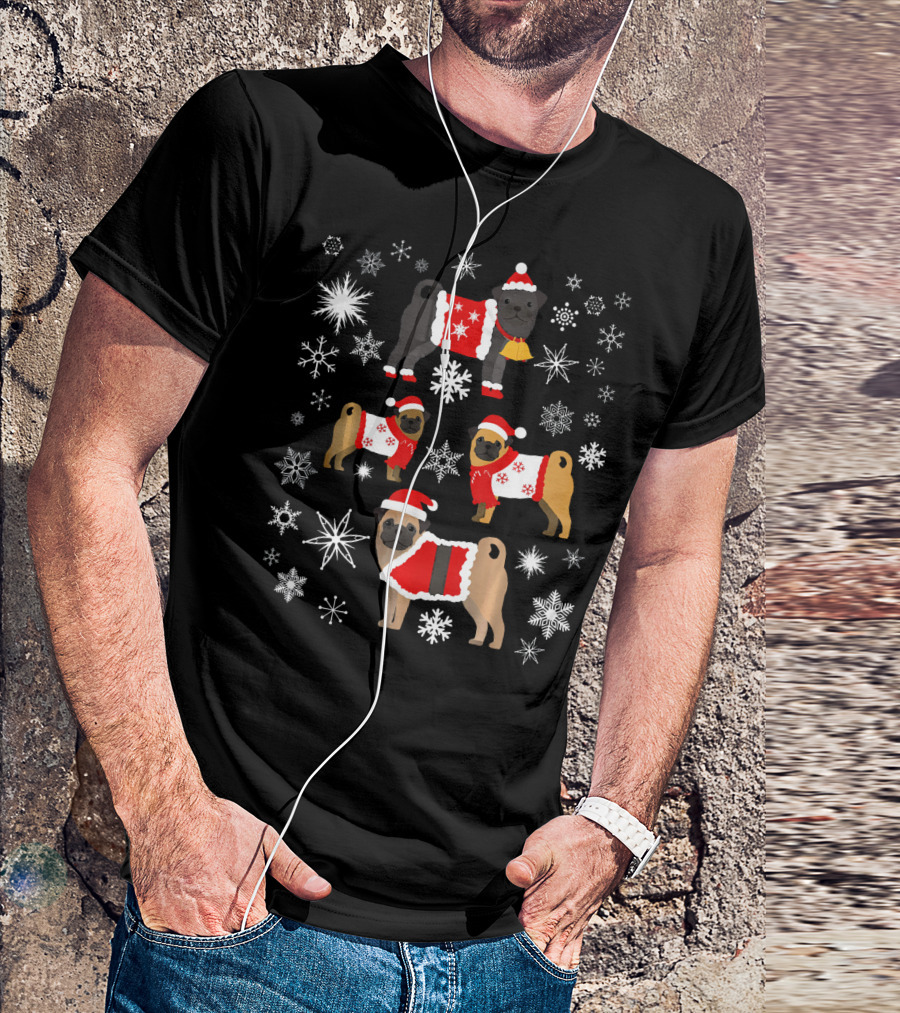 Pug Christmas Snowflakes Sweaters Santa Hats Holiday T-Shirt