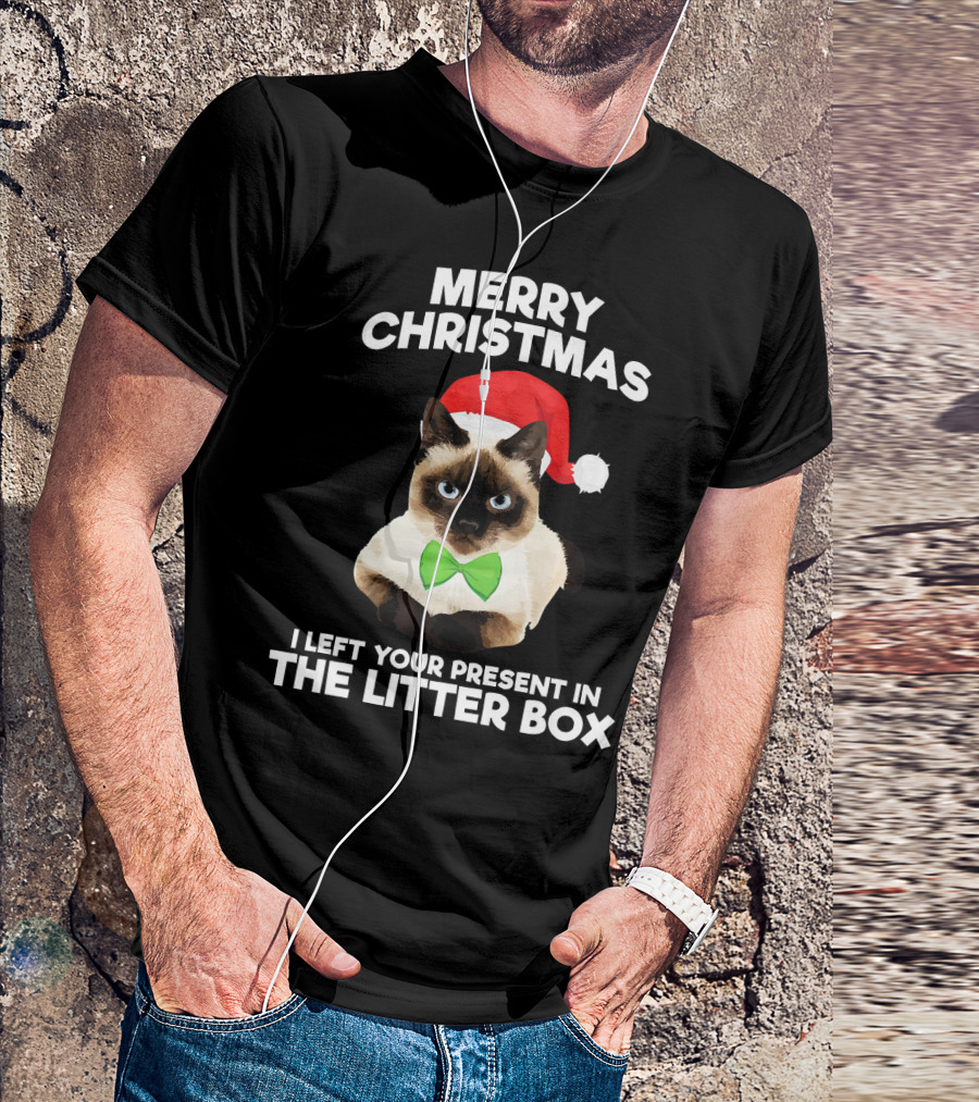 Merry Christmas I Left Your Present In The Litter Box Cat Santa Hat Bow Tie T-Shirt