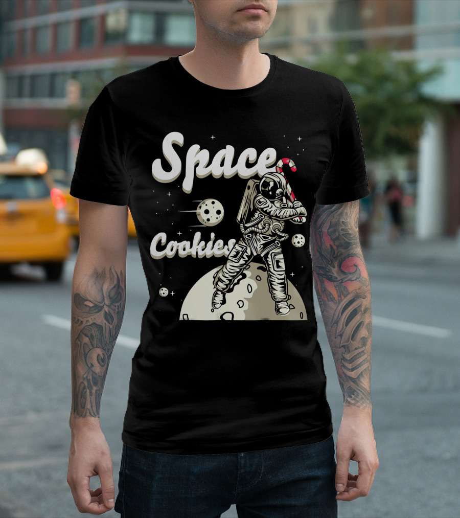 Space Cookies Xmas Weed Astronaut With Candy Cane On Moon T-Shirt