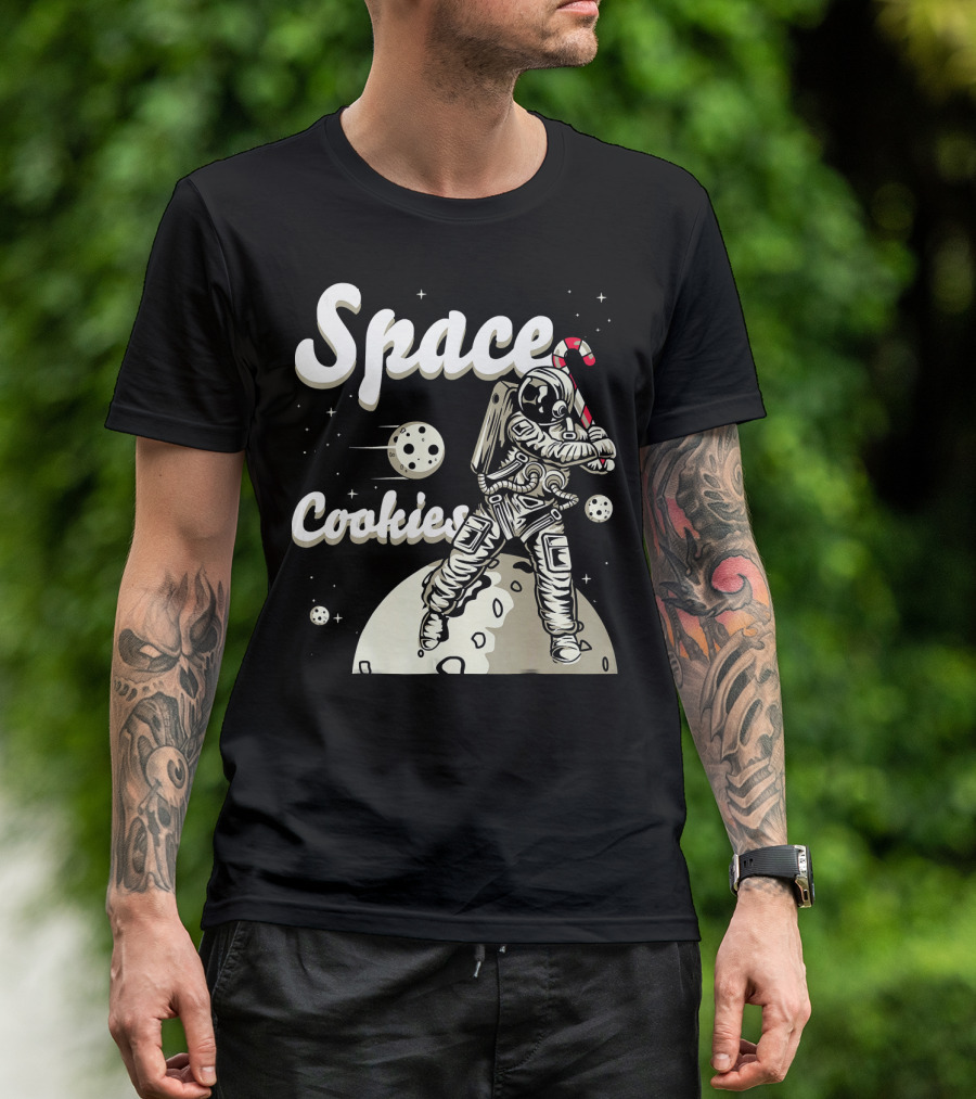 Space Cookies Xmas Weed Astronaut With Candy Cane On Moon T-Shirt