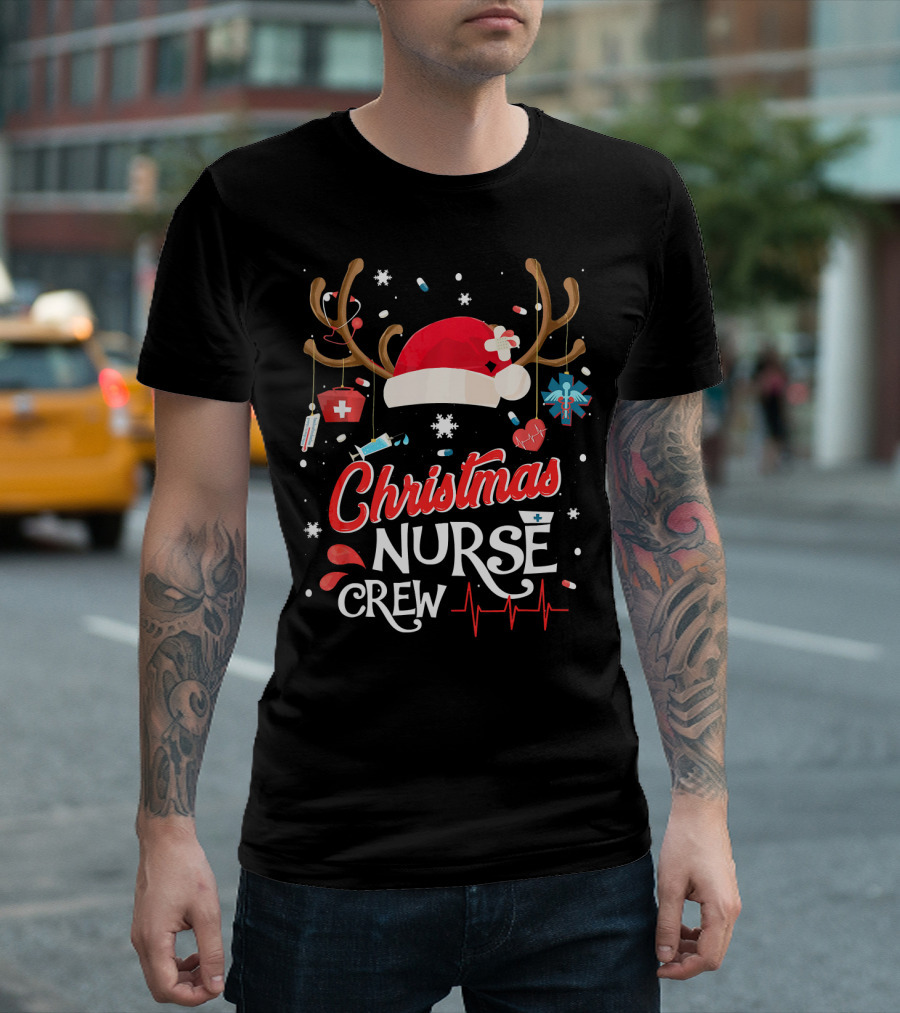Christmas Nurse Crew Antlers Santa Hat Medical Elements T-Shirt