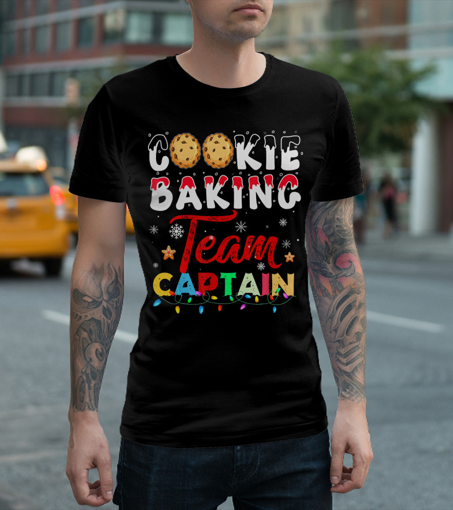 Christmas Cookie Baking Team Captain Holiday Lights Snowflakes Decor T-Shirt