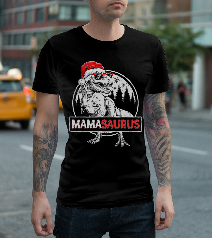 Mamasaurus Dinosaur Christmas Santa Hat Sunglasses T-Shirt